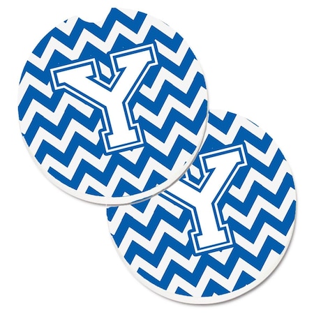 Carolines Treasures Letter Y Chevron Blue and White Set of 2 Cup Holder Car Coaster CJ1045-YCARC